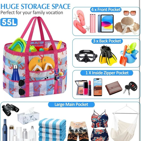 Mesh Beach Bag Tote Bag for Women, Foldable Swim Large Beach Tote Bag with Zippe - Picture 4 of 5